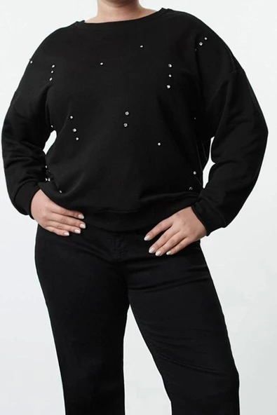 Büyük Beden Tarz Oversize Bisiklet Yaka Düşük Kol Regular Örme Sweatshirt