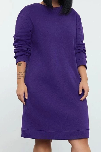 Moda Stil Relaxed Bisiklet Yaka Midi Boy Büyük Beden 2 İplik Şardonsuz Örme Büyük Beden Elbise