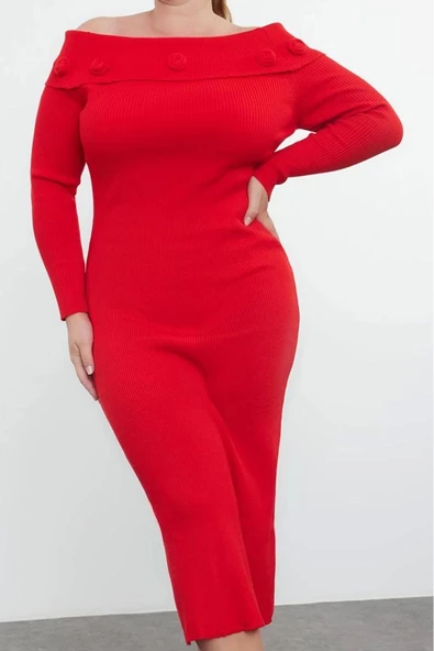 Moda Stil Fitted Carmen Yaka Midi Boy Büyük Beden Fitilli Gül Detaylı Triko Elbise