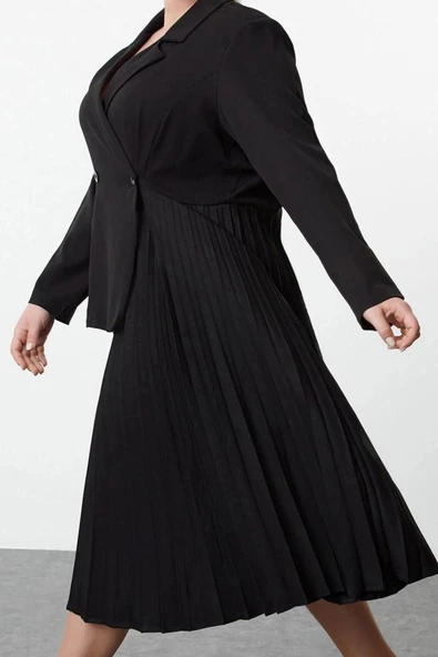 Moda Stil Relaxed Ceket Yaka Midi Boy Büyük Beden Pilise Etekli Dokuma Büyük Beden Ceket Elbise - 4
