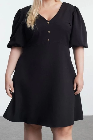 Moda Stil Relaxed V Yaka Mini Boy Büyük Beden Balon Kollu A-Line Dokuma Büyük Beden Elbise