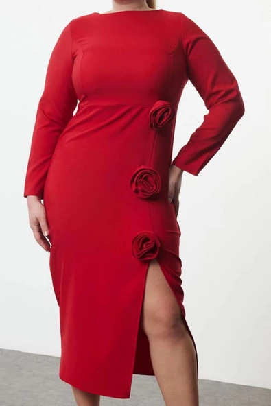 Moda Relaxed Bisiklet Yaka Midi Boy Büyük Beden Kayık Yakalı Yırtmaçlı Güllü Dokuma Elbise