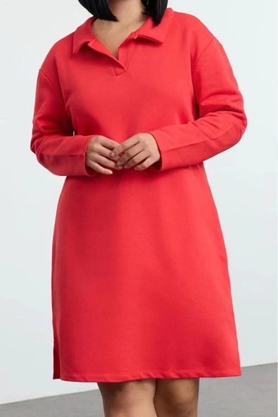 Moda Stil Relaxed Polo Yaka Midi Boy Büyük Beden 2 İplik Şardonsuz Örme Büyük Beden Elbise