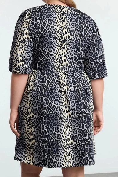Moda Relaxed Bisiklet Yaka Mini Boy Büyük Beden Fiyonklu %100 Pamuk Leopar Desenli Dokuma Elbise - 5