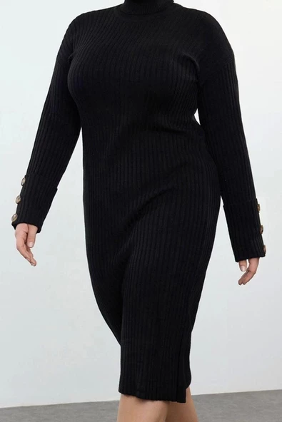 Moda Stil Relaxed Balıkçı Yaka Midi Boy Büyük Beden Fitilli Triko Elbise