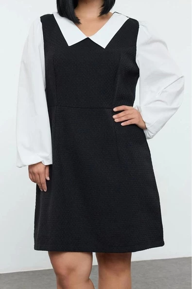 Moda Stil Relaxed Gömlek Yaka Midi Boy Büyük Beden Tüvit Dokuma Büyük Beden Elbise - 4