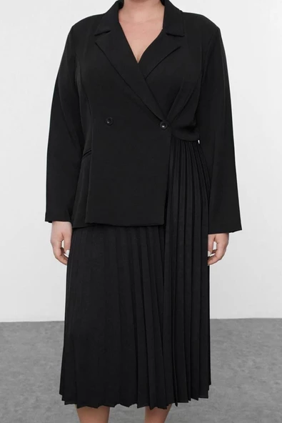 Moda Stil Relaxed Ceket Yaka Midi Boy Büyük Beden Pilise Etekli Dokuma Büyük Beden Ceket Elbise - 3