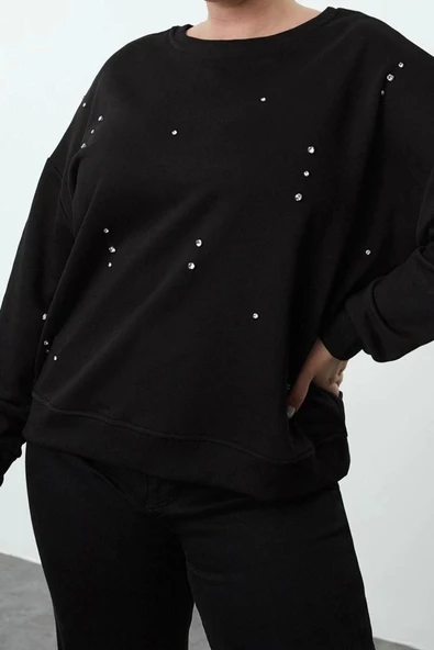 Büyük Beden Tarz Oversize Bisiklet Yaka Düşük Kol Regular Örme Sweatshirt - 2