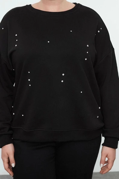 Büyük Beden Tarz Oversize Bisiklet Yaka Düşük Kol Regular Örme Sweatshirt - 3