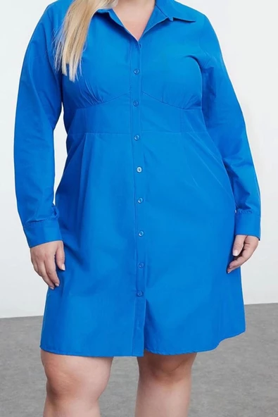Moda Stil Fitted Bisiklet Yaka Mini Boy Büyük Beden İç Göstermeyen Dokuma Büyük Beden Gömlek Elbise