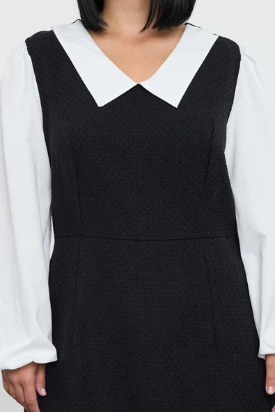 Moda Stil Relaxed Gömlek Yaka Midi Boy Büyük Beden Tüvit Dokuma Büyük Beden Elbise - 2