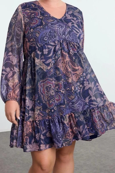 Moda Stil Relaxed V Yaka Midi Boy Büyük Beden Çiçekli Simli Eteği Fırfırlı Dokuma Büyük Beden Elbise