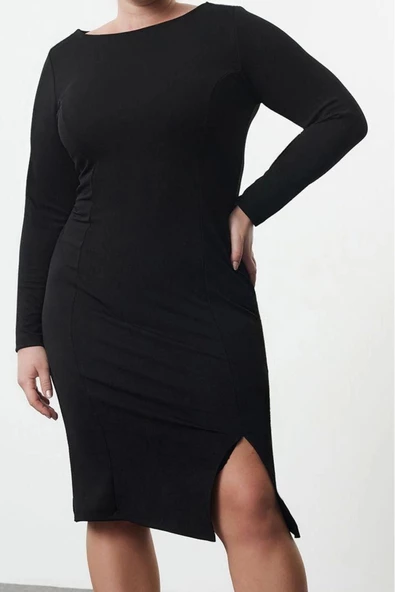 Moda Stil Fitted Kayık Yaka Regular Boy Büyük Beden Krep Örme Büyük Beden Elbise