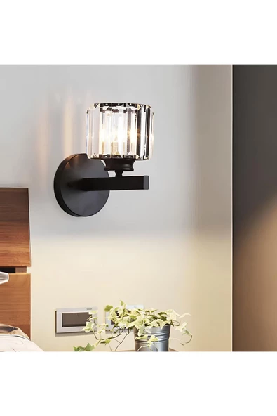 burenze Modern Tasarım Kristal Taşlı Duvar Aplik 1 adet Elekrikle Çalışır Siyah - 2