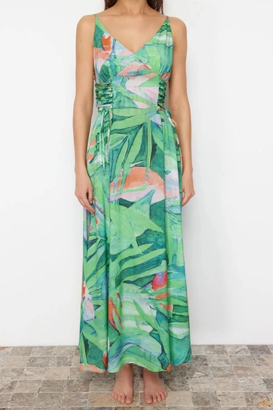 Moda Stil Relaxed V Yaka Maxi Boy Çiçek Desenli Dokuma Plaj Elbisesi - 3