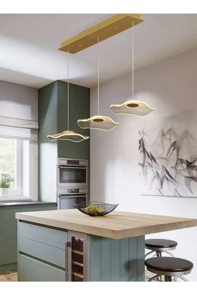 Buiva Modern Lotus 3 lü Yemek Masası Sıralı Sarkıt Avize French Gold Sarı Power Led Avize Warm White - 3