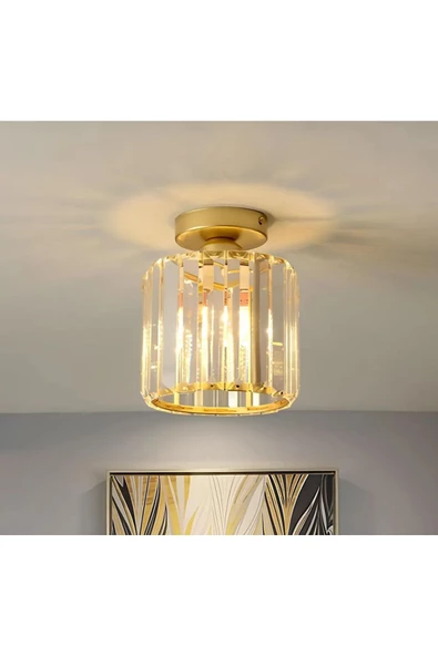 burenze Modern Lüks Kristal Taşlı Plafonyer Avize Eskitme Gold