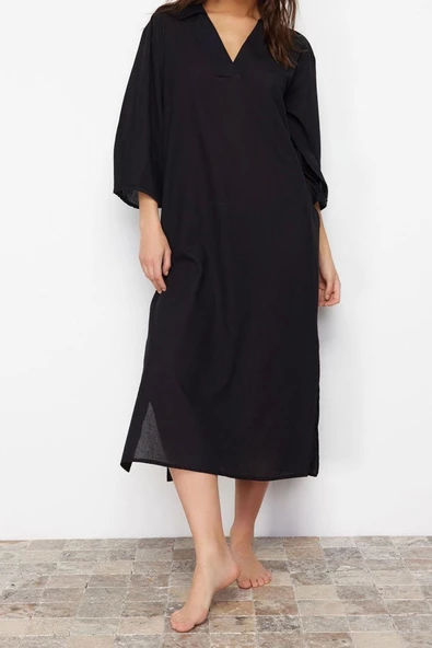 Moda Stil Regular V Yaka Maxi Boy Siyah Geniş Kalıp Dokuma Plaj Elbisesi - 4
