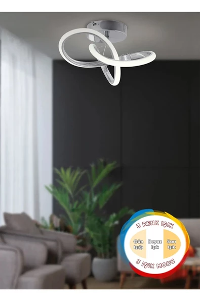 burenze Modern 3 Renk Işıklı Salon Mutfak Oturma Odası Avize Plafonyer Tavan Mario Led Avize Krom