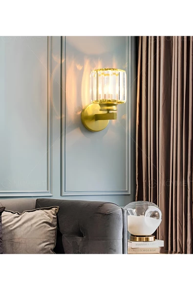 burenze Modern Tasarım Kristal Taşlı Duvar Aplik 1 adet Elektrikle Çalışır Eskitme Gold Gövde