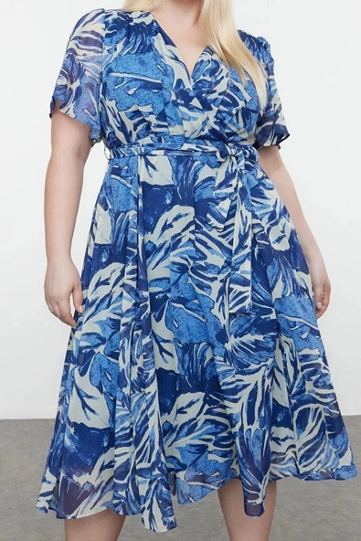 Moda Stil Relaxed Kruvaze Maxi Boy Büyük Beden Tropik Yaprak Desenli Şifon Dokuma Elbise - 1