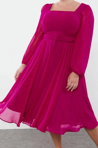 Moda Kare Yaka Mini Boy Büyük Beden Kemerli Uzun Balon Kollu Şifon A-Line Büyük Beden Abiye Elbise
