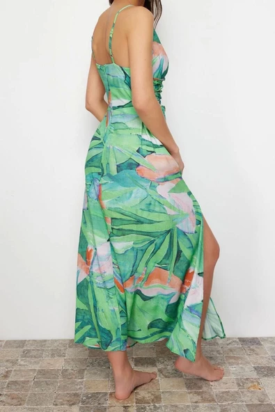 Moda Stil Relaxed V Yaka Maxi Boy Çiçek Desenli Dokuma Plaj Elbisesi - 5