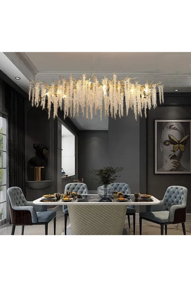 burenze Luxury Exclusive Collection Modern Kristal Taşlı Diamond Pırlanta Gold Sarı Elips Yemek Masası Avize - 4