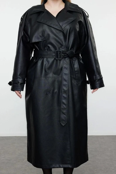 Büyük Beden Tasarım Düz Astarlı Yaka Uzun Oversize Ceket Kadın Fit Maxi Boy Suni Deri Trençkot - 5
