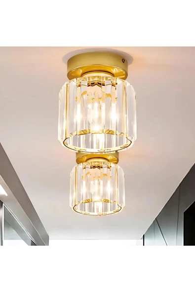 burenze Modern Lüks Kristal Taşlı Plafonyer Avize Eskitme Gold - 2