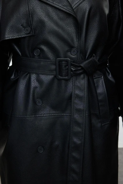 Büyük Beden Tasarım Düz Astarlı Yaka Uzun Oversize Ceket Kadın Fit Maxi Boy Suni Deri Trençkot - 4