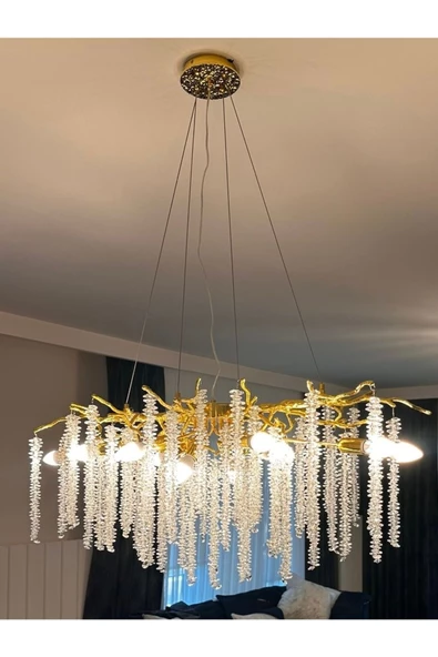 burenze Luxury Exclusive Collection Modern Kristal Taşlı Diamond Pırlanta Gold Sarı Elips Yemek Masası Avize - 2