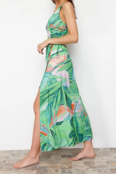 Moda Stil Relaxed V Yaka Maxi Boy Çiçek Desenli Dokuma Plaj Elbisesi