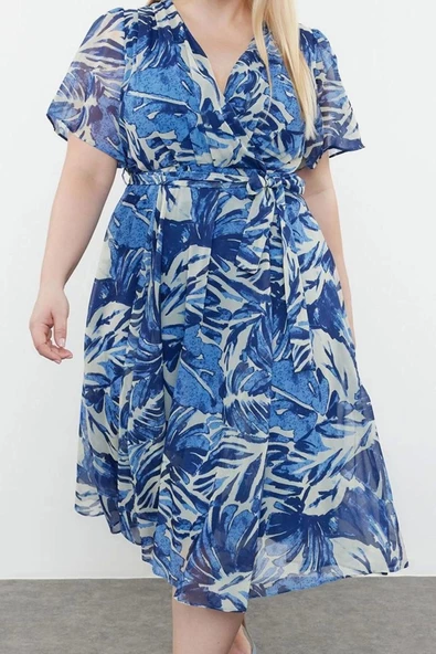 Moda Stil Relaxed Kruvaze Maxi Boy Büyük Beden Tropik Yaprak Desenli Şifon Dokuma Elbise - 4