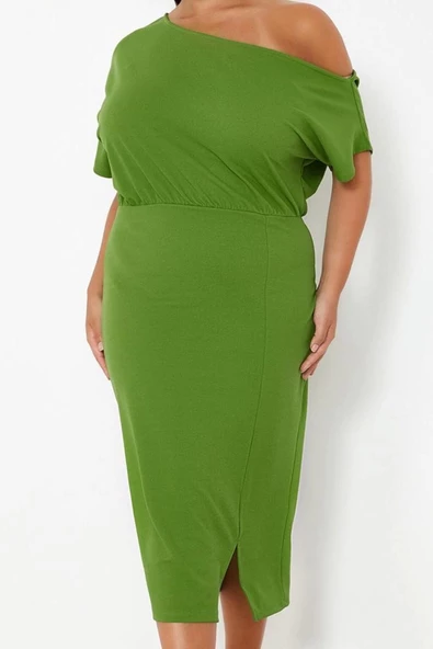 Moda Stil Fitted Kayık Yaka Midi Boy Büyük Beden Tek Omuz Örme Elbise