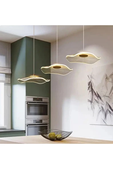 Buiva Modern Lotus 3 lü Yemek Masası Sıralı Sarkıt Avize French Gold Sarı Power Led Avize Warm White