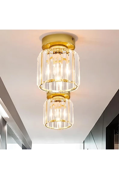 burenze Modern Luxury Plafonyer Kristal Taşlı Avize Gold Sarı Hol Antre Avize