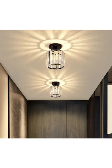 burenze Lüks Kristal Taşlı Modern Plafonyer Tavan Mutfak Oturma Odası Koridor Hol Taşlı Salon Avizesi Siyah - 3