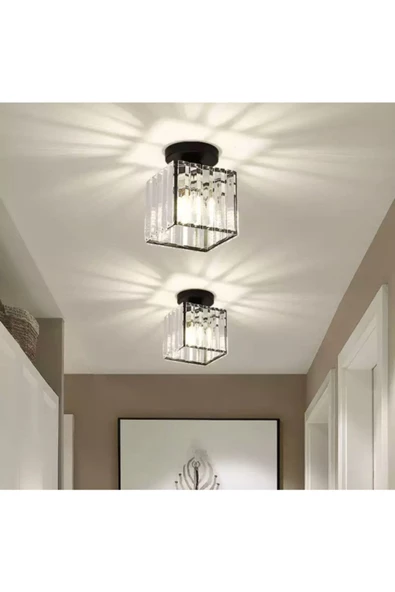 burenze Modern Luxury Plafonyer Tavan Kristal Taşlı Avize Kare Hol Antre Avize Siyah - 4