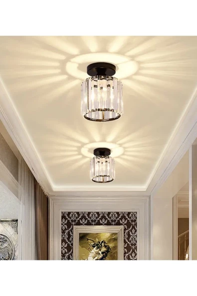 burenze Lüks Kristal Taşlı Modern Plafonyer Tavan Mutfak Oturma Odası Koridor Hol Taşlı Salon Avizesi Siyah - 2