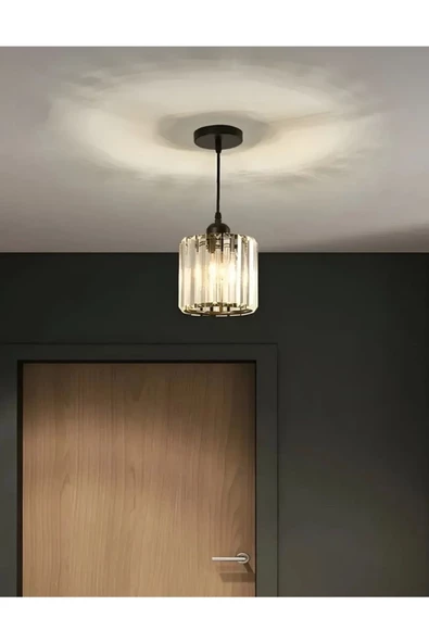 burenze Lüks Modern Avize Kristal Taşlı Tekli Sarkıt Avize Hol Antre Mutfak Oturma Odası Avize Siyah