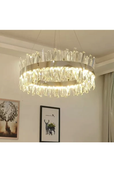 burenze A++ Luxury Modern Kristal Taşlı Sarkıt Power Led Avize Kademeli 3 Renk Krom 60'lık - 1