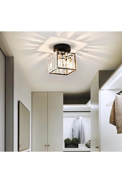 burenze Modern Luxury Plafonyer Tavan Kristal Taşlı Avize Kare Hol Antre Avize Siyah