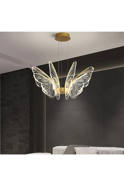 burenze Luxury Kademeli 3 Renk Işıklı Modern Kelebek Sarkıt Led Avize Butterfly Gold Sarı