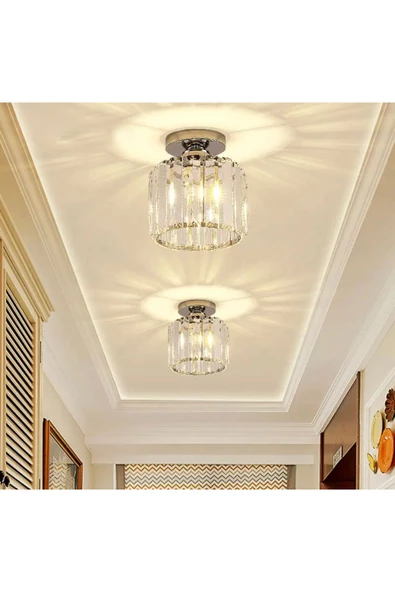 burenze Modern Luxury Plafonyer Tavan Kristal Taşlı Avize Krom Hol Antre Avize Büyük Boy - 3