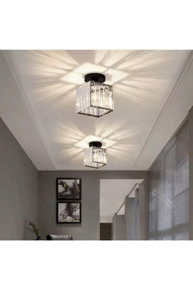 burenze Modern Luxury Plafonyer Tavan Kristal Taşlı Avize Kare Hol Antre Avize Siyah - 3