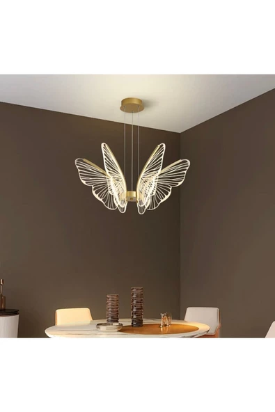 burenze Luxury Kademeli 3 Renk Işıklı Modern Kelebek Sarkıt Led Avize Butterfly Gold Sarı - 3