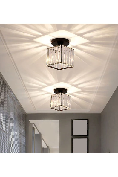 burenze Modern Luxury Plafonyer Tavan Kristal Taşlı Avize Kare Hol Avize Siyah - 3