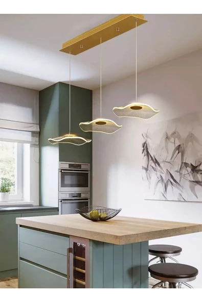 Fico Home Luxury Exclusive Üçlü Sıralı Sarkıt Led Avize Jellyfish Gold Sarı Ledli Avize