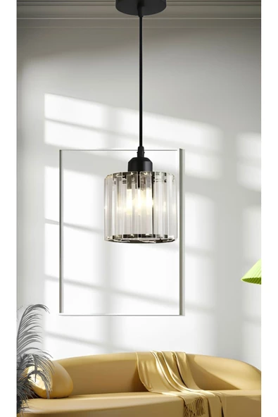 burenze Lüks Modern Lüks Avize Kristal Taşlı Tekli Sarkıt Avize Siyah